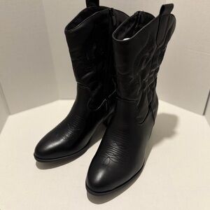 Dream Pairs Black Western Mid-Calf Boots Embroidered Zip Faux Leather Size 7